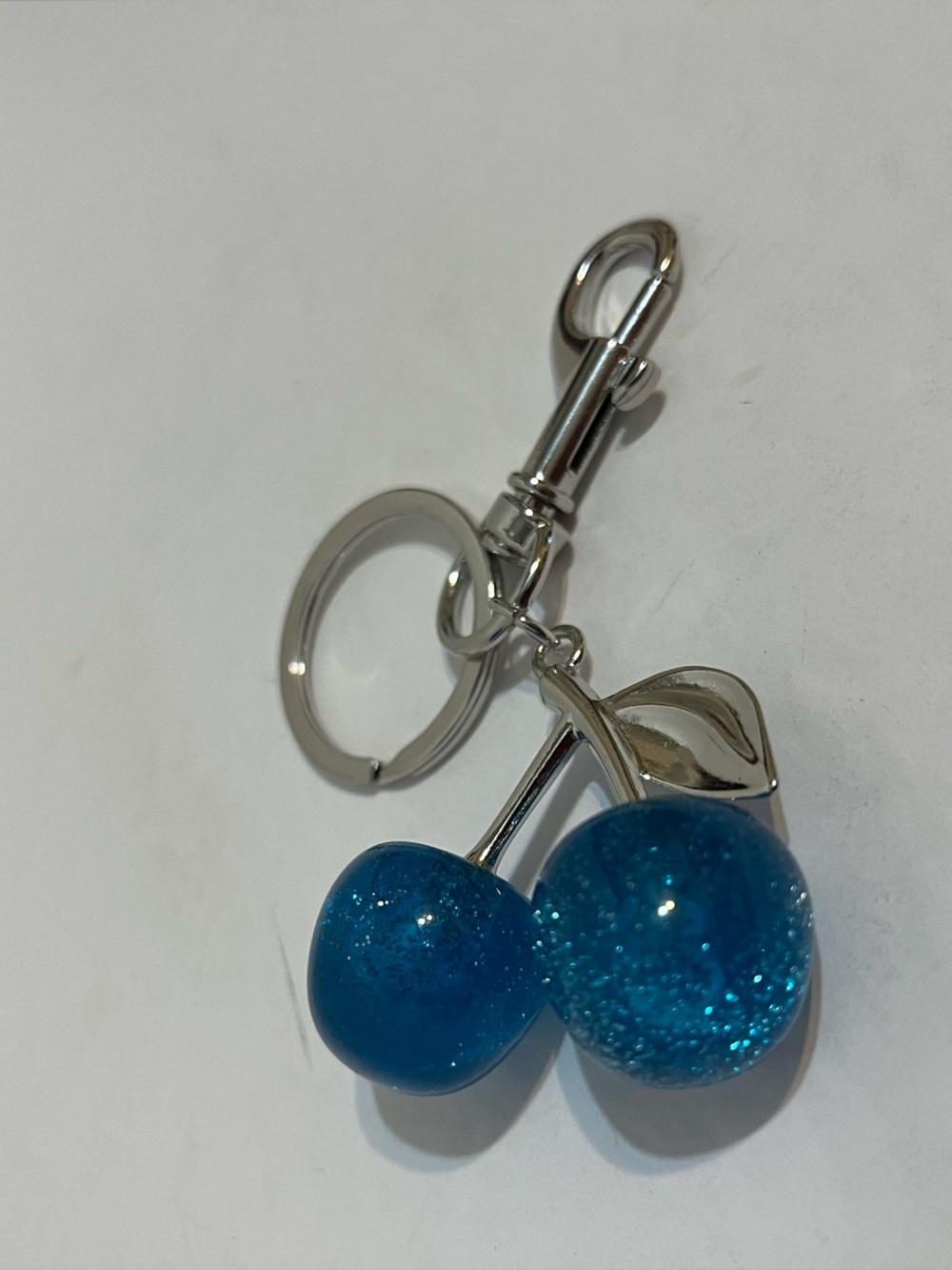 Blue Glitter Double Cherry Charm Keychain Silver Tone Hardware